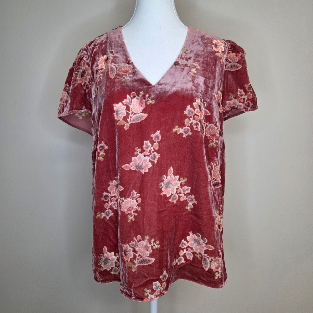 Adyson Parker Velvet Floral V-Neck Blouse Mauve Pink Cottagecore Short Sleeve 1X